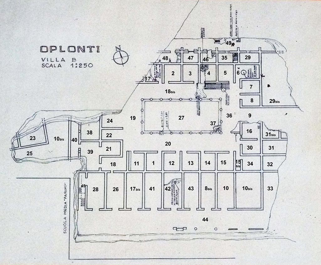 Oplontis. Villa rustica di Lucius Crassius Tertius. Plan Oplontis, Villa of Lucius Crassius Tertius. Plan on display in Oplontis in 2011.